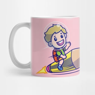 Cute Boy Riding Pencil Rocket Cartoon Mug